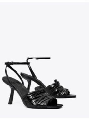 Tory Burch Patent leather Black Ankle-Strap Ruched Heel Sandal 85mm.